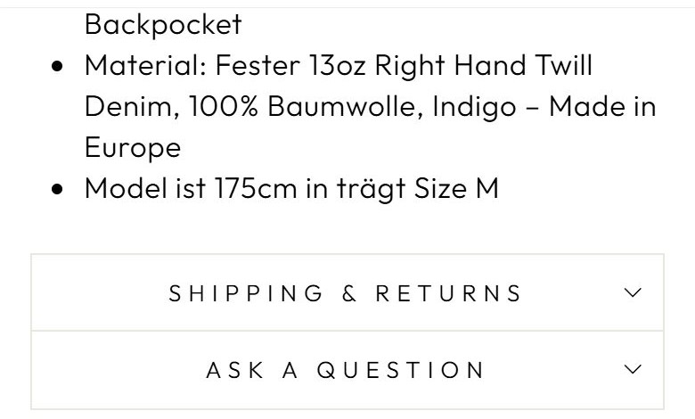 Ausschnitt der Produktseite: Material und die Zeile Model ist 175cm in trägt Size M