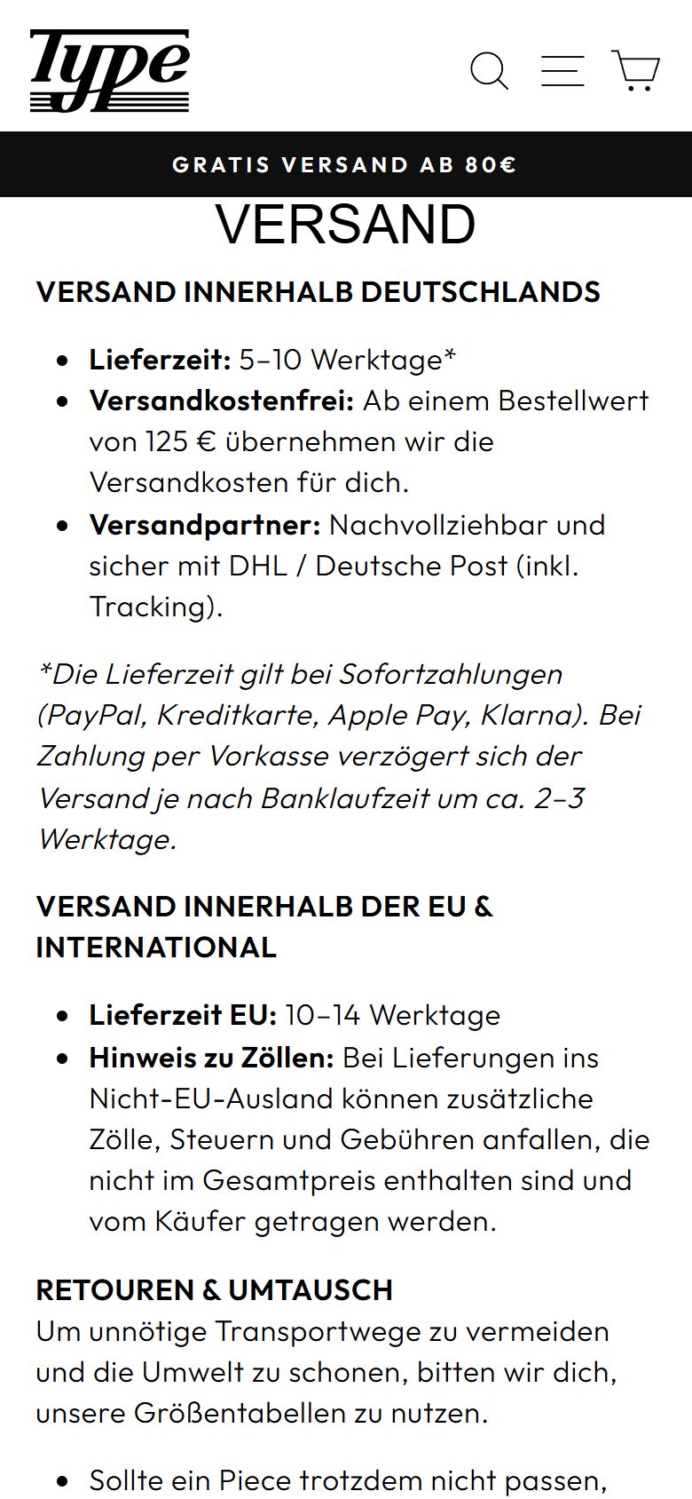 Versandseite mit Balken 80 Euro und Text 125 Euro